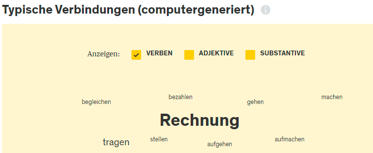 Screenshot aus dem Online-Wörterbuch Duden: Verbverbindungen für den Begriff Rechnung