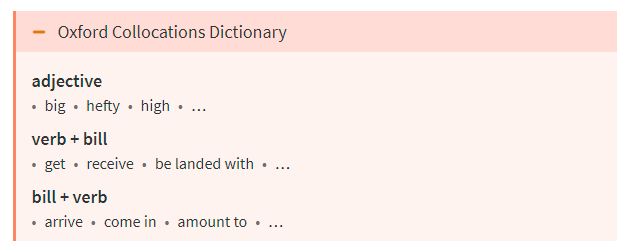 Screenshot aus dem Online-Wörterbuch Oxford Learner’s Dictionary: Typische Wortverbindungen für das Wort bill